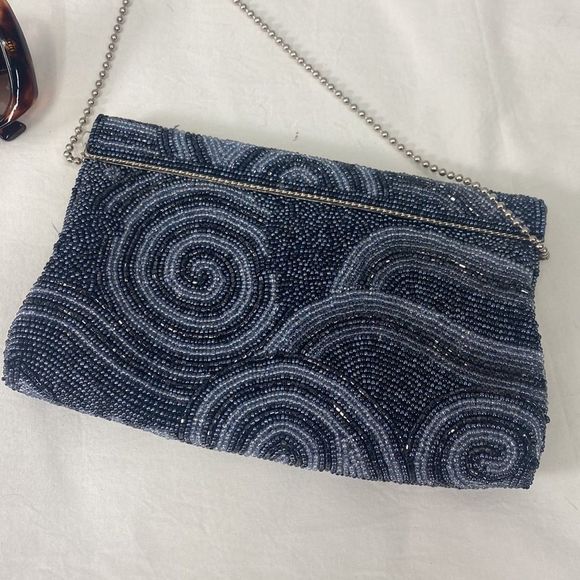 Vintage 50ies pearl embroidered satin Pochette pouch frame shoulder bag - Picture 4 of 7